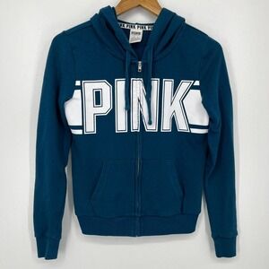 PINK Victoria's Secret Full Zip Hoodie Women's Size XS Blue Logo Cotton Blend‎
